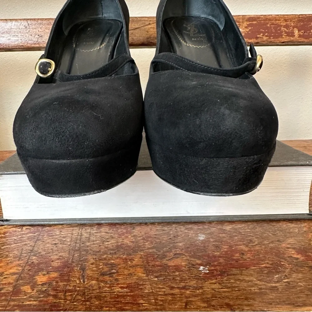 YSL Yves Saint Laurent Black Suede Platform Mary Jane Heels Shoes - Picture 9 of 16
